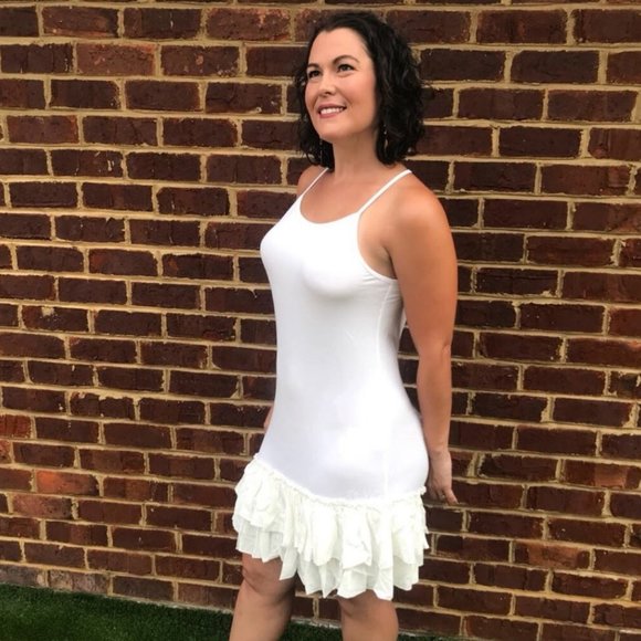 Off White Double Ruffle Dress Extender Slip Layered Tiered Dress Multi-Way Strap - Picture 5 of 6